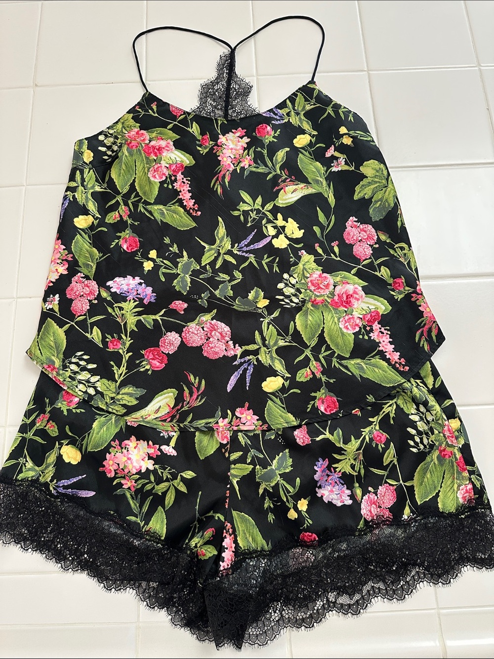 VS Floral Lace Trim Cami and Short Set - Black with Pink & Green Florals